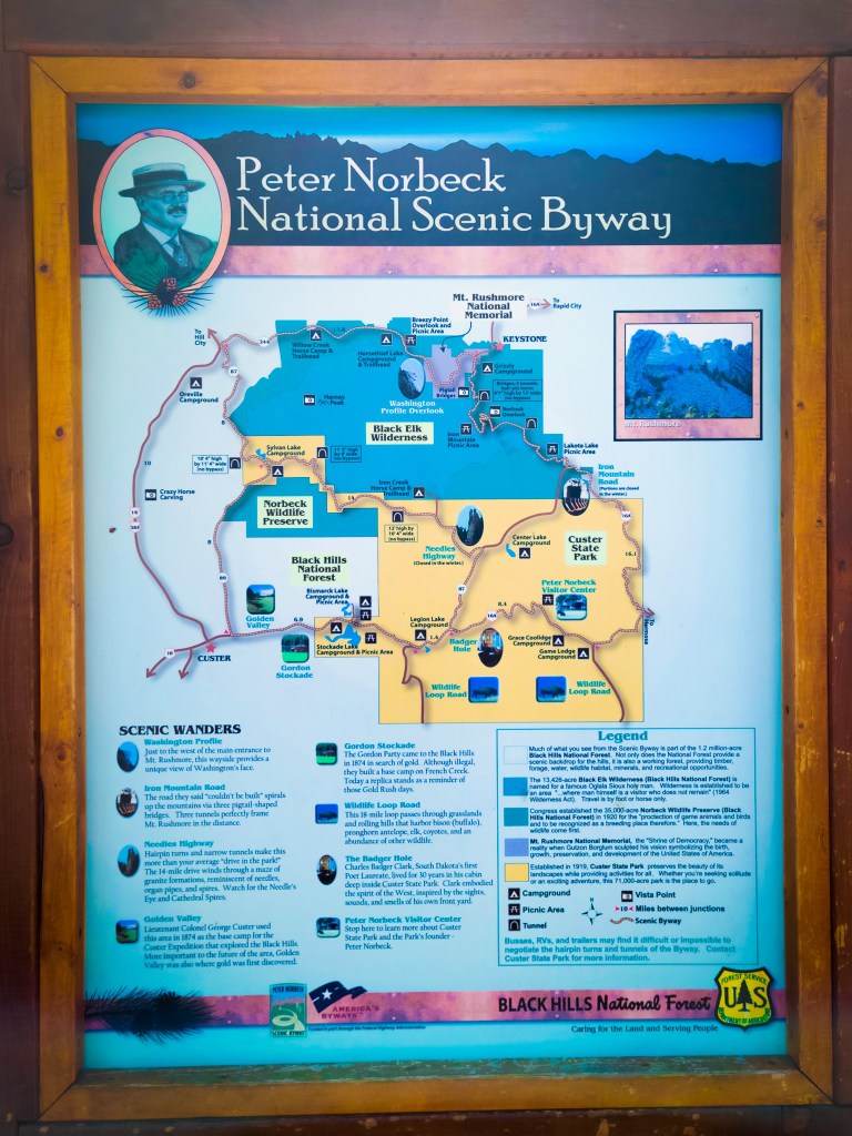 Norbeck National Scenic Byway map. Also shows Needles Highway. Custer State Park. Black Hills South Dakota. MPA Project Travels.
